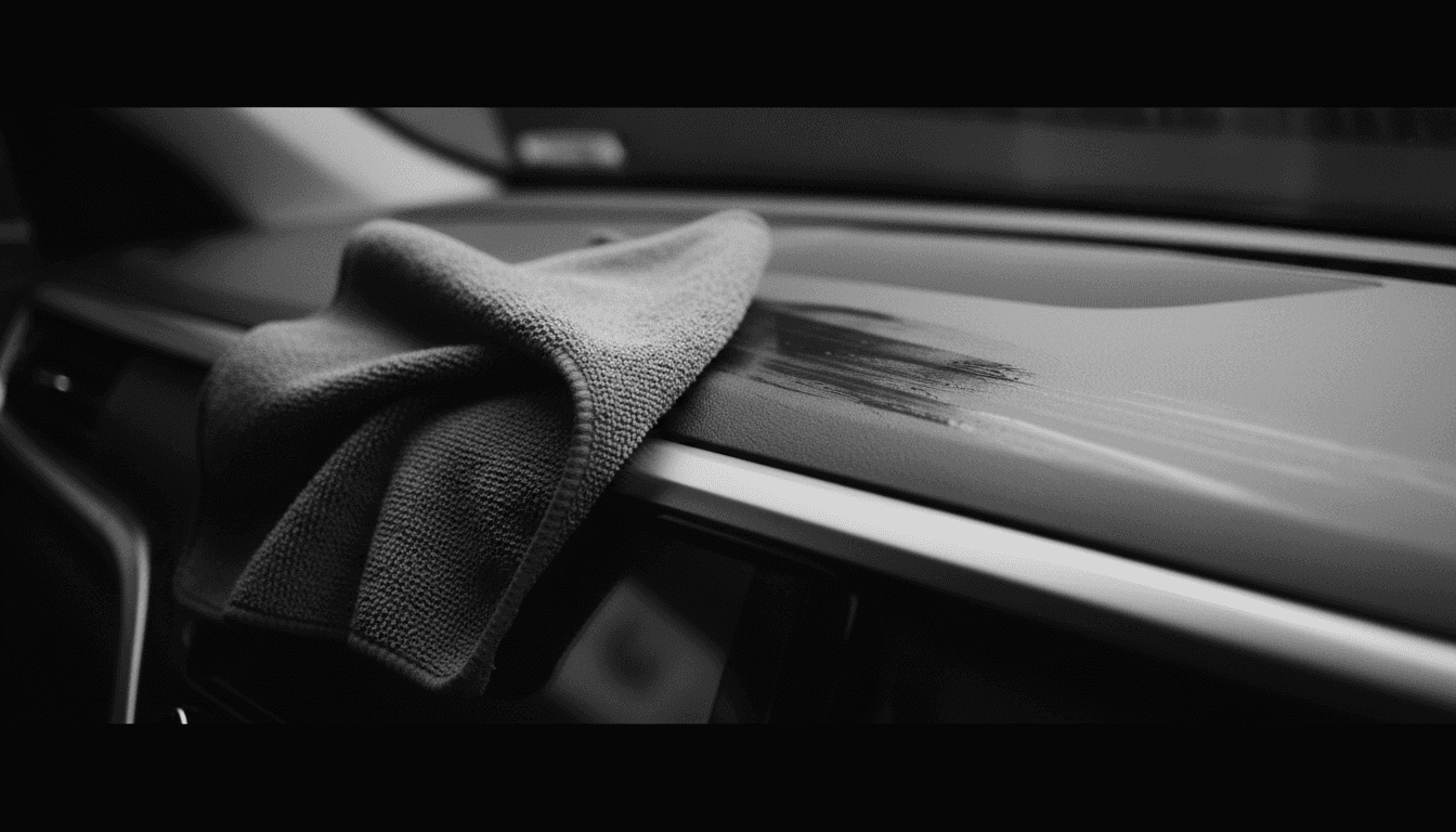 Microfiber cloth wiping a car dashboard in black and white