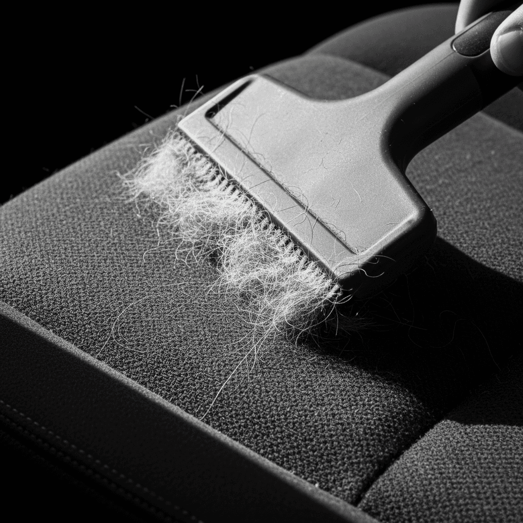 pet hair removal tool on car seat fabric