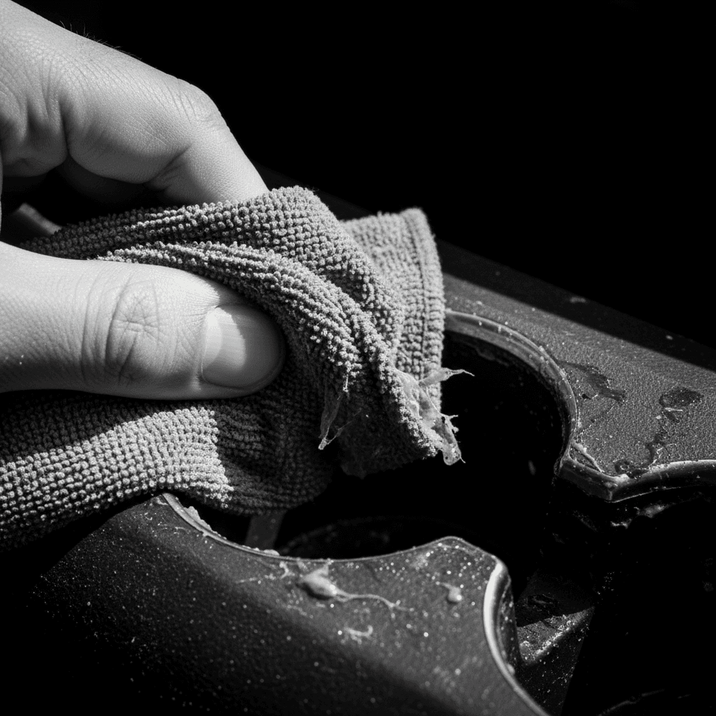microfiber cloth wiping car cupholder during detailing