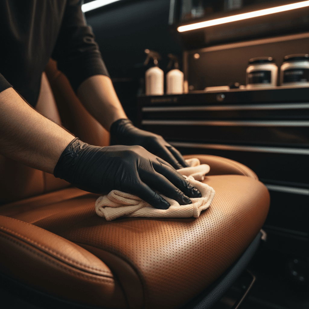 Close-up of detailing brush cleaning between leather seat seams