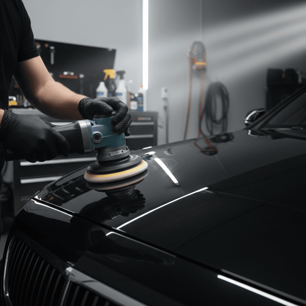 Close-up of a microfiber cloth detailing a glossy black car door panel