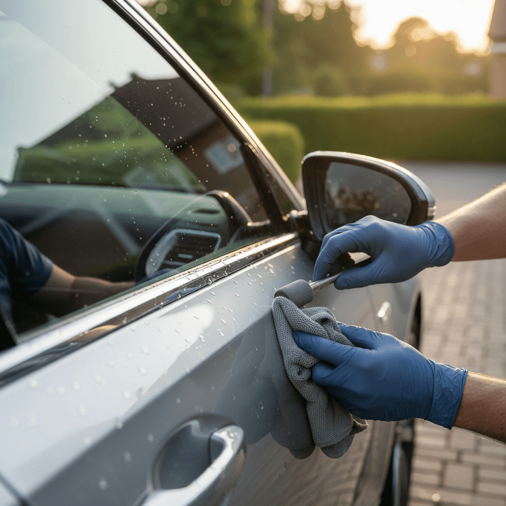 Technician detailing a car in a residential Pinellas County neighborhood driveway