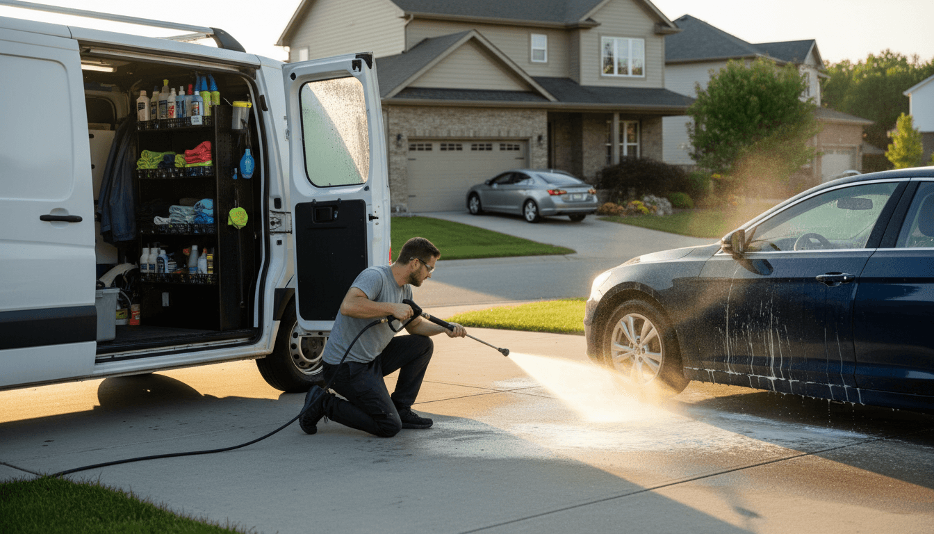 Mobile detailing van parked beside a sedan in a Clearwater driveway