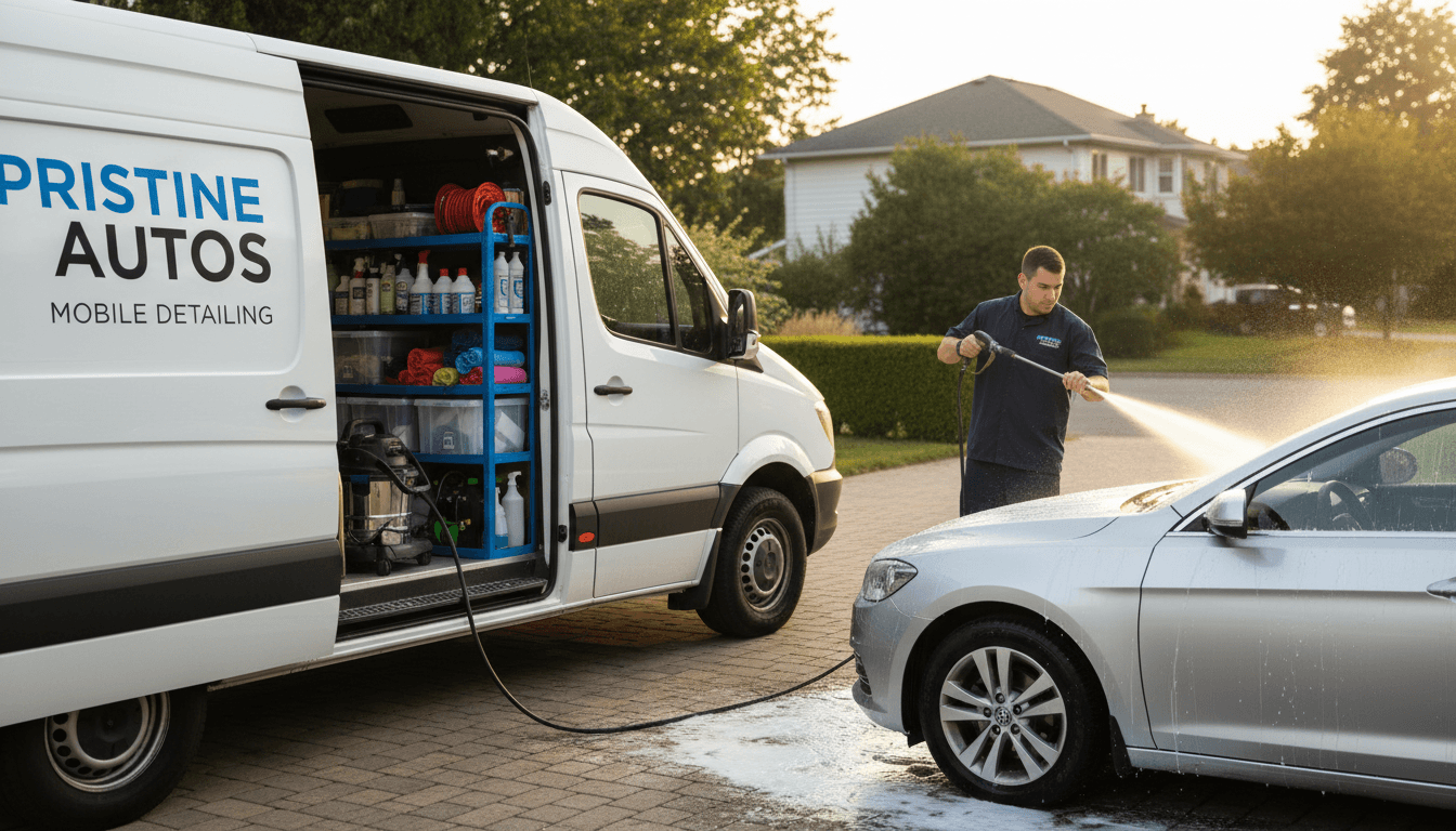 Mobile detailing van with equipment visible through open doors in a Clearwater driveway