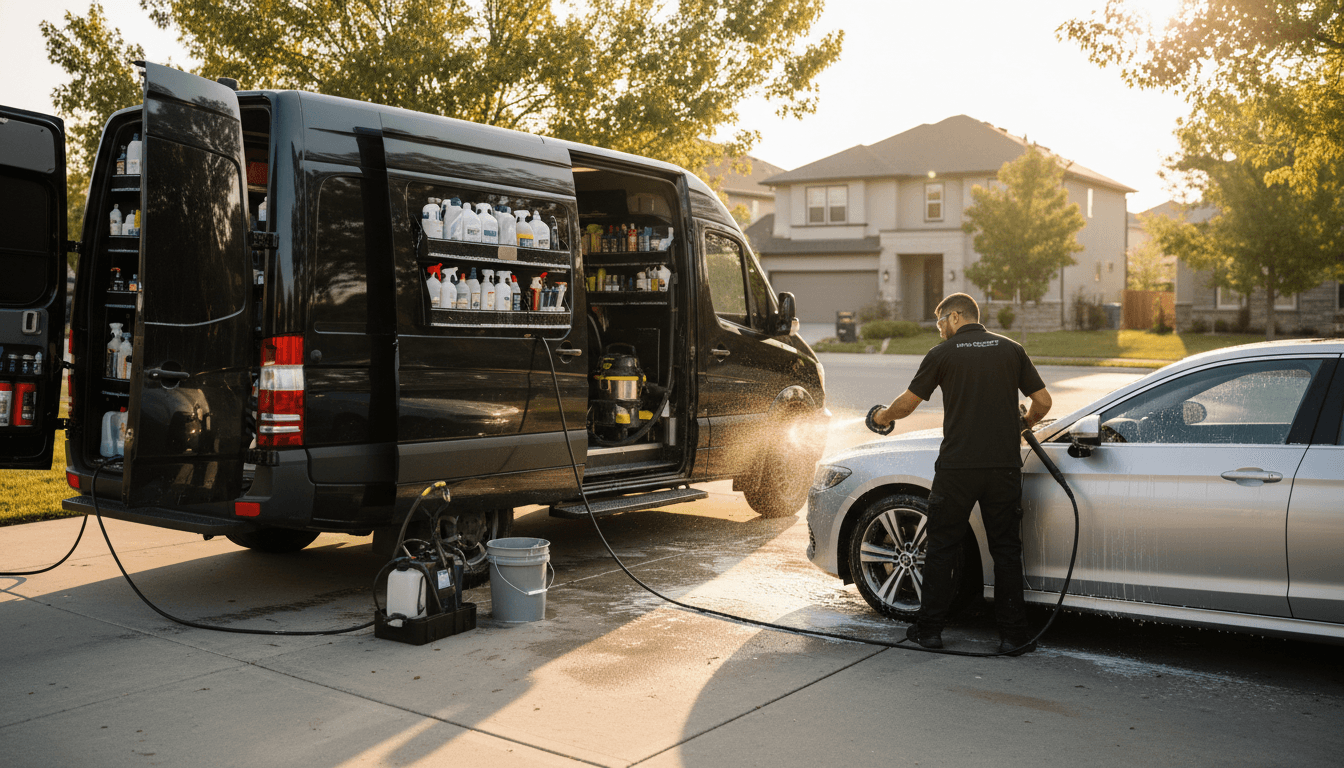 Mobile detailing van parked in a Clearwater driveway